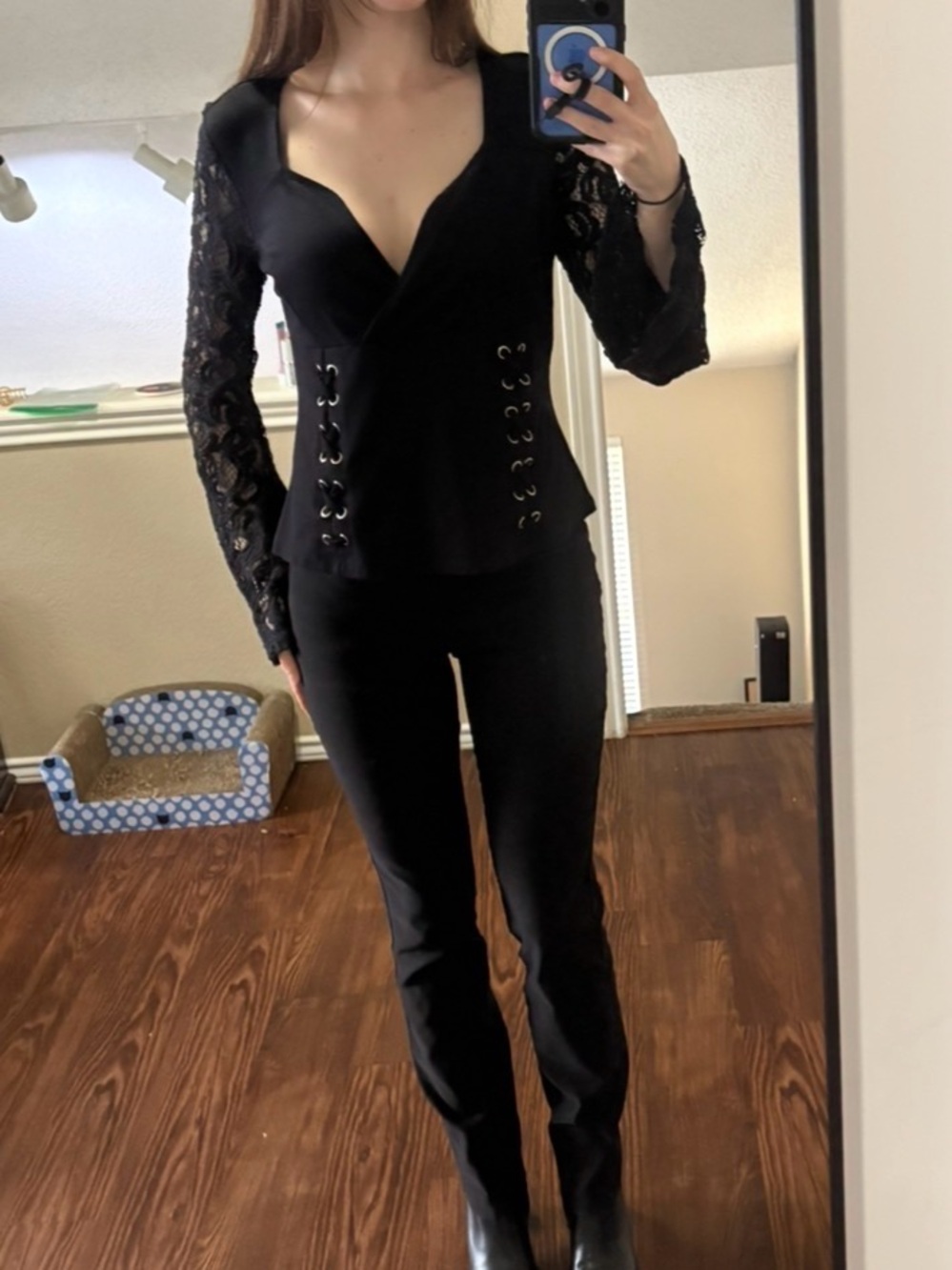 VENUS Black Lace Sleeve Corset Style Surplice Top Y2K Gothic Lace-Up Blouse